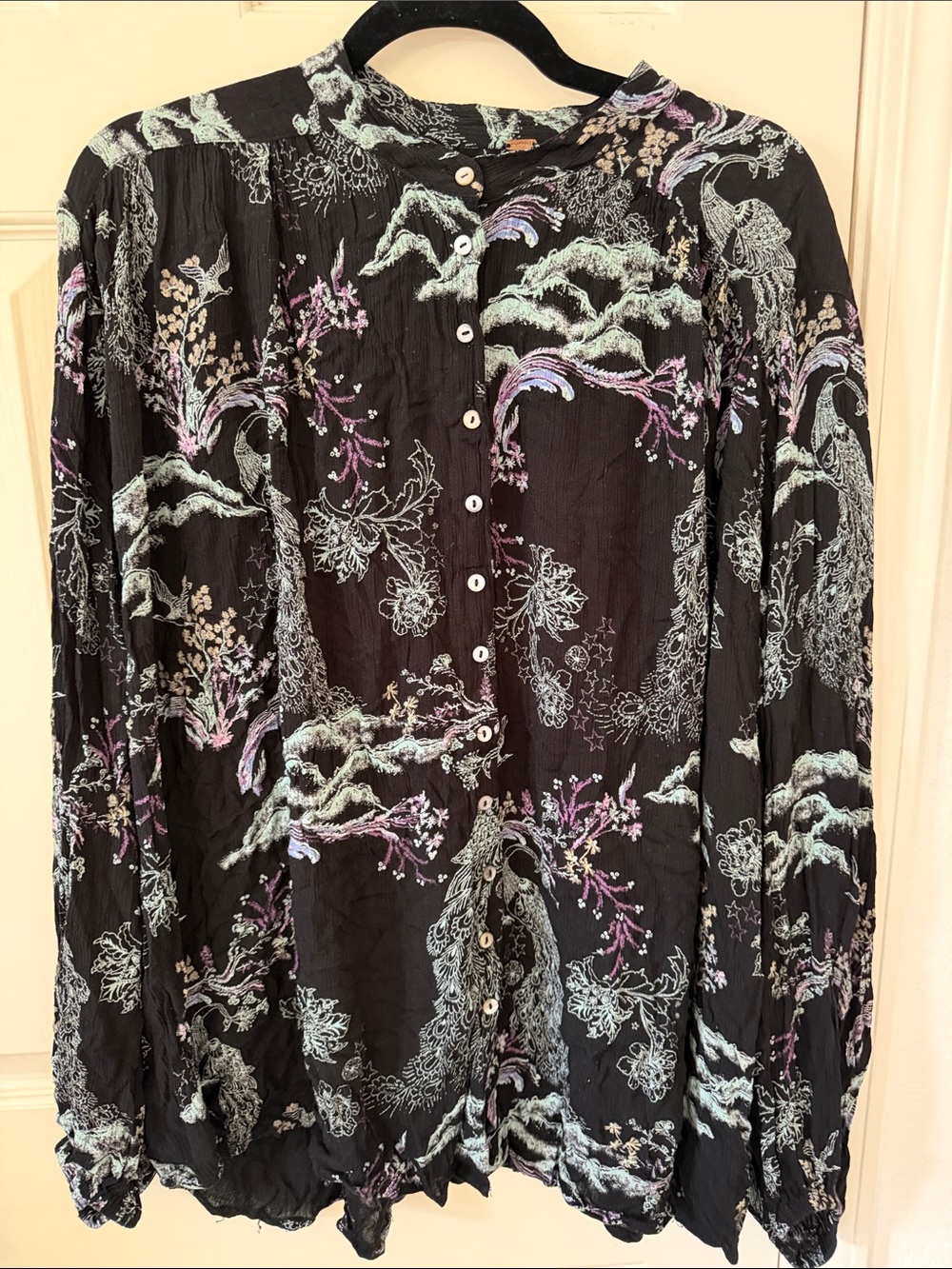 Free People Oversized Black Button-Front Shirt with Pastel Floral & Wave Accents